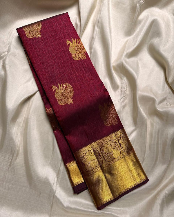 Maroon Kanjivaram Silk Saree with Golden Peacock Motifs