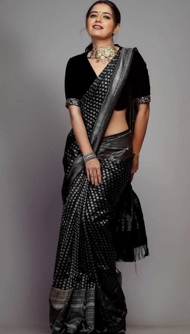Black Banarasi Silk Saree with Silver Zari Motifs