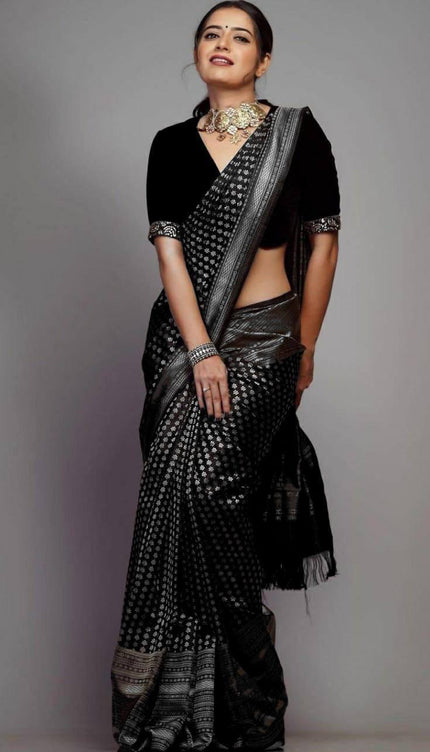 Black Banarasi Silk Saree with Silver Zari Motifs
