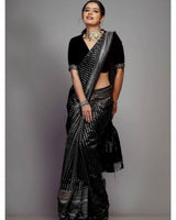 Black Banarasi Silk Saree with Silver Zari Motifs