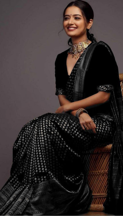Black Banarasi Silk Saree with Silver Zari Motifs