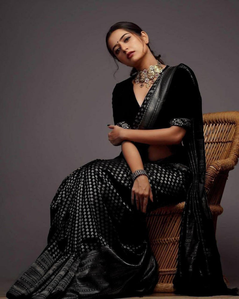 Black Banarasi Silk Saree with Silver Zari Motifs