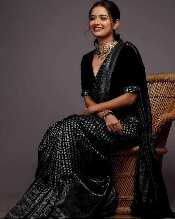 Black Banarasi Silk Saree with Silver Zari Motifs