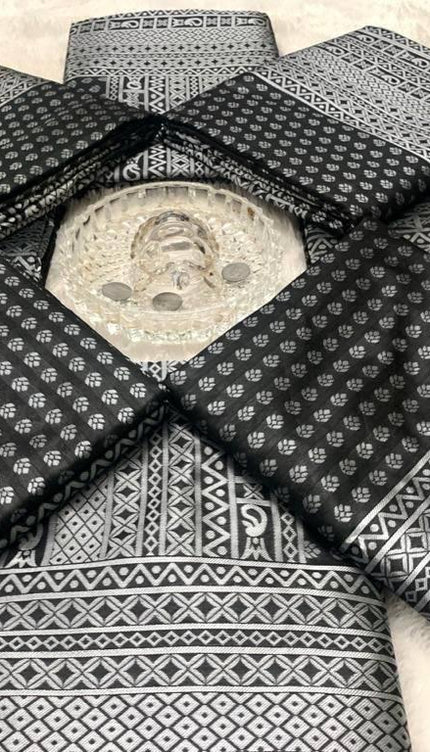 Black Banarasi Silk Saree with Silver Zari Motifs