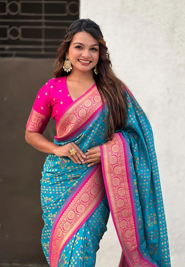 Turquoise Sky Blue Banarasi Silk Saree – Festive Radiance in Every Drape