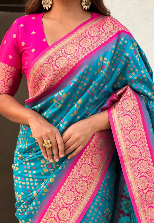 Turquoise Sky Blue Banarasi Silk Saree – Festive Radiance in Every Drape