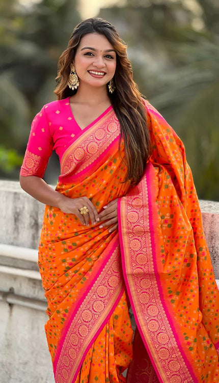 Turquoise Orange Banarasi Silk Saree – Festive Radiance in Every Drape