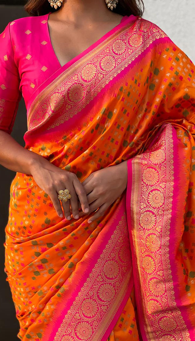 Turquoise Orange Banarasi Silk Saree – Festive Radiance in Every Drape