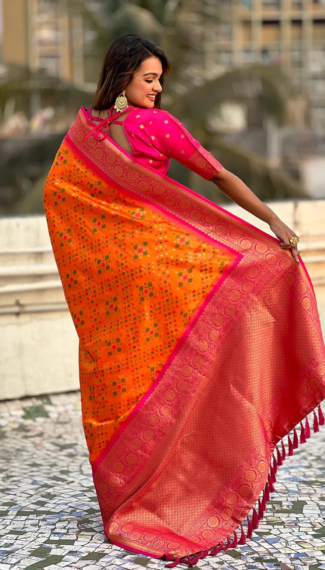 Turquoise Orange Banarasi Silk Saree – Festive Radiance in Every Drape