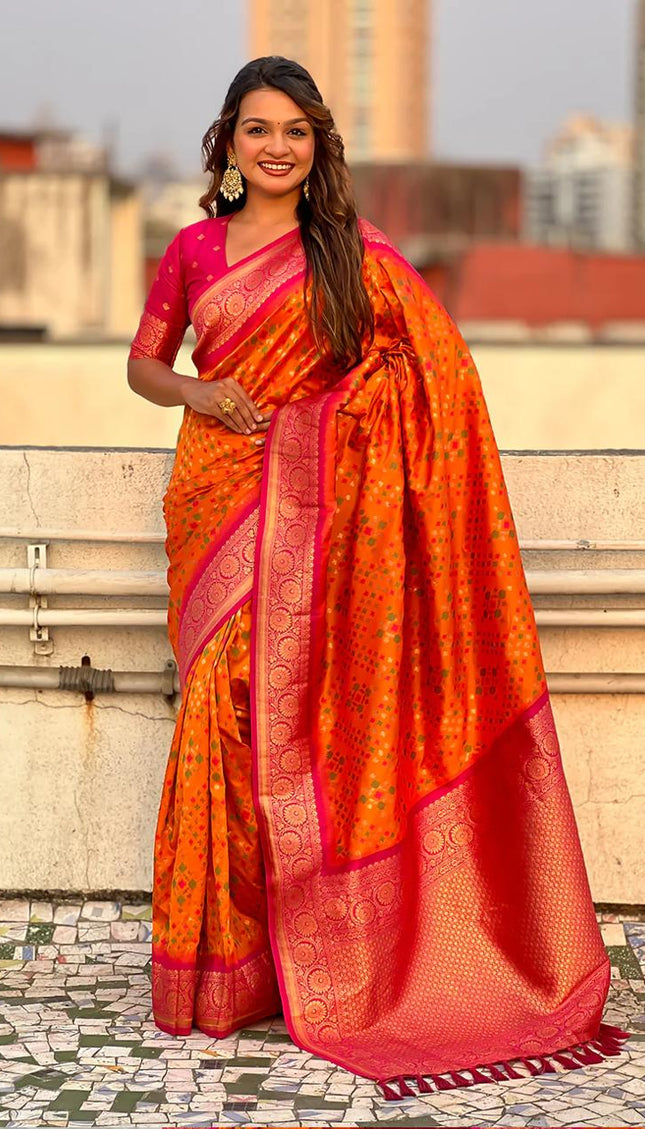 Turquoise Orange Banarasi Silk Saree – Festive Radiance in Every Drape
