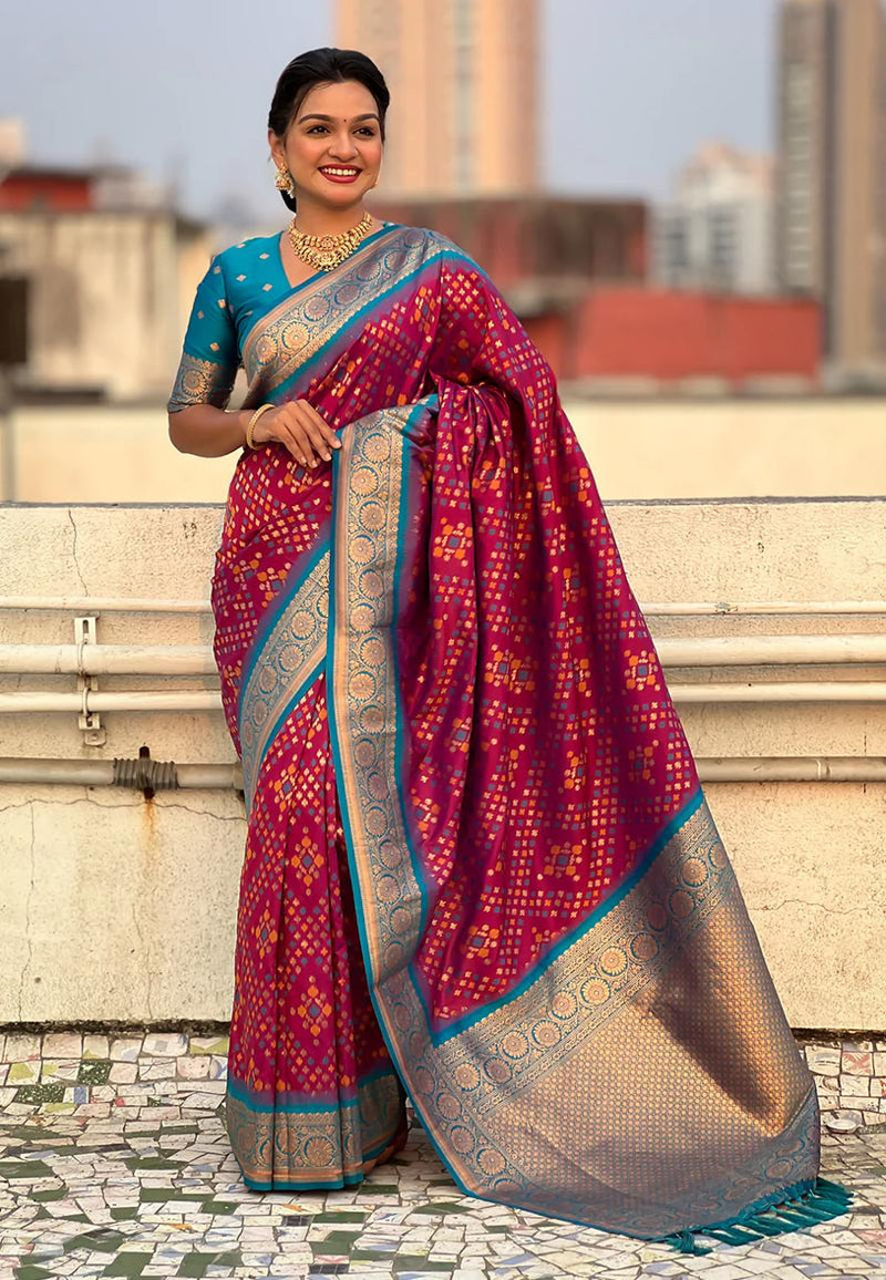Turquoise Maroon Banarasi Silk Saree – Festive Radiance in Every Drape