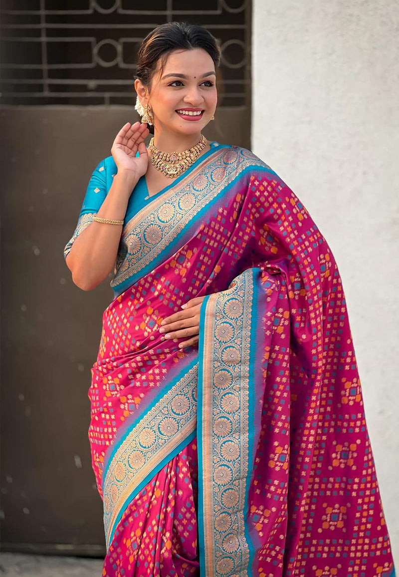 Turquoise Maroon Banarasi Silk Saree – Festive Radiance in Every Drape