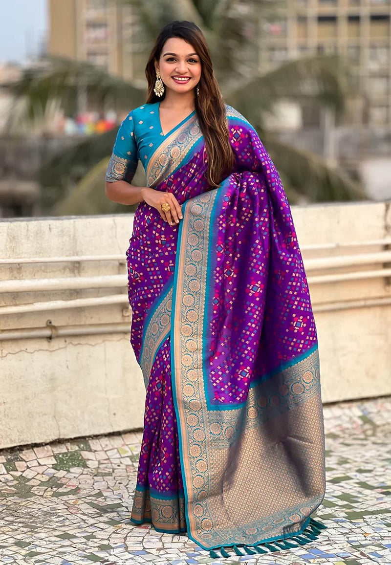 Turquoise Purple Banarasi Silk Saree – Festive Radiance in Every Drape