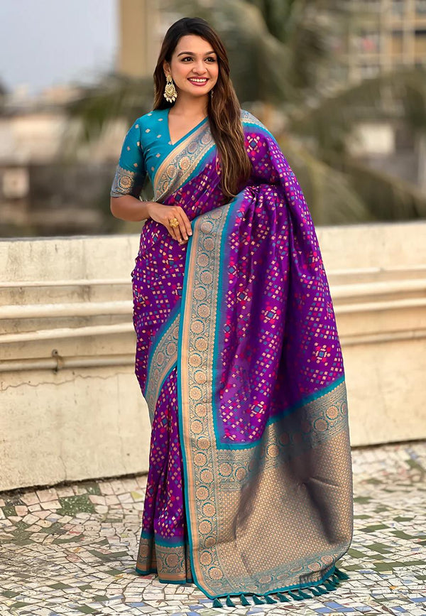 Turquoise Purple Banarasi Silk Saree – Festive Radiance in Every Drape