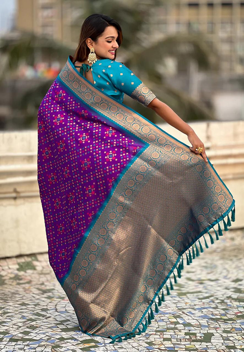 Turquoise Purple Banarasi Silk Saree – Festive Radiance in Every Drape
