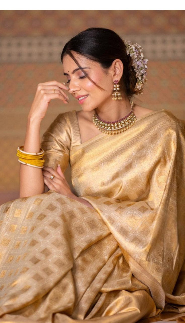 Banarasi  Crimson Beige Silk Saree with Gold Zari Weave