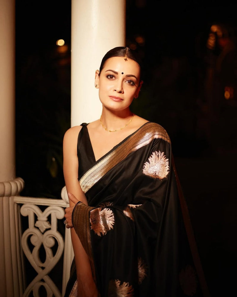 Mithila - Black Silk Saree with Golden Zari Butta and Broad Border