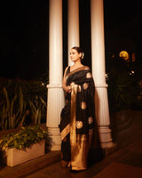 Mithila - Black Silk Saree with Golden Zari Butta and Broad Border
