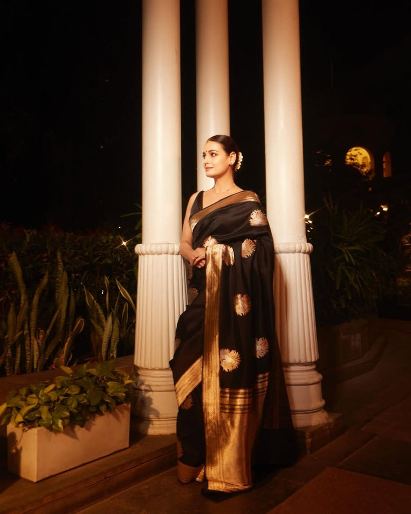 Mithila - Black Silk Saree with Golden Zari Butta and Broad Border