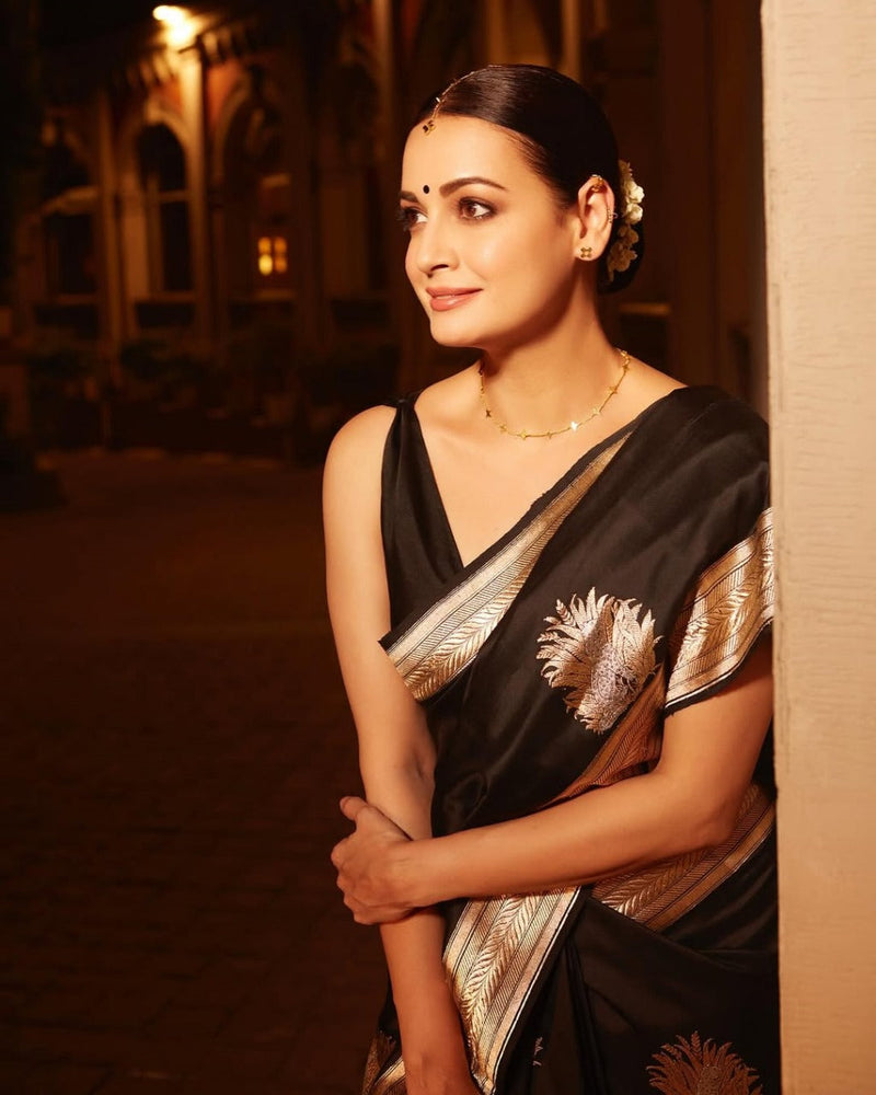 Mithila - Black Silk Saree with Golden Zari Butta and Broad Border