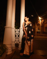Mithila - Black Silk Saree with Golden Zari Butta and Broad Border