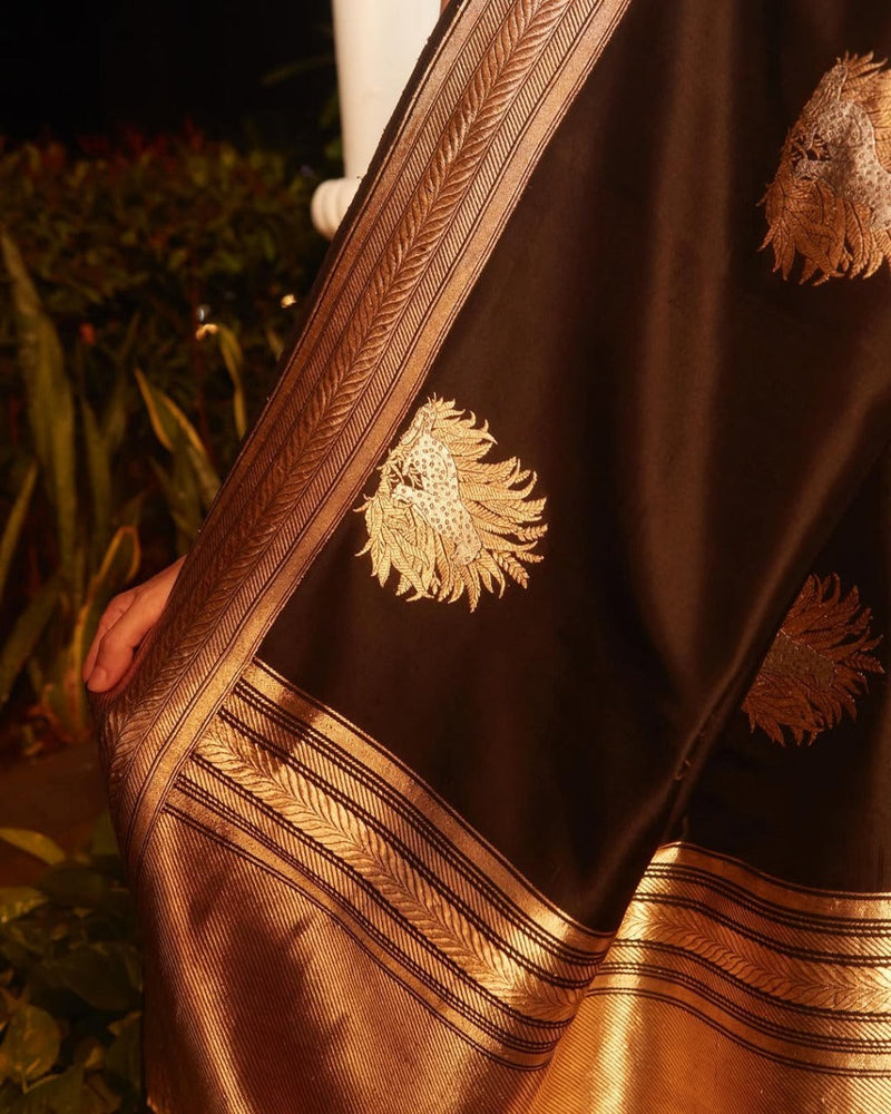Mithila - Black Silk Saree with Golden Zari Butta and Broad Border