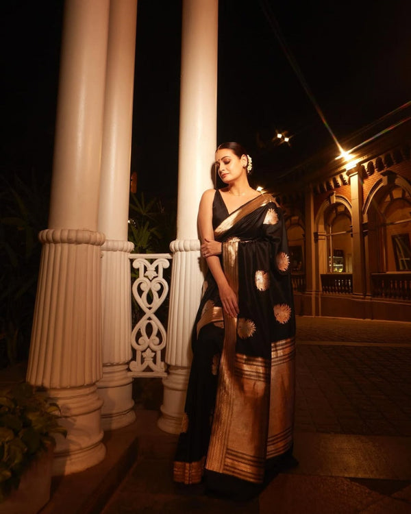 Mithila - Black Silk Saree with Golden Zari Butta and Broad Border