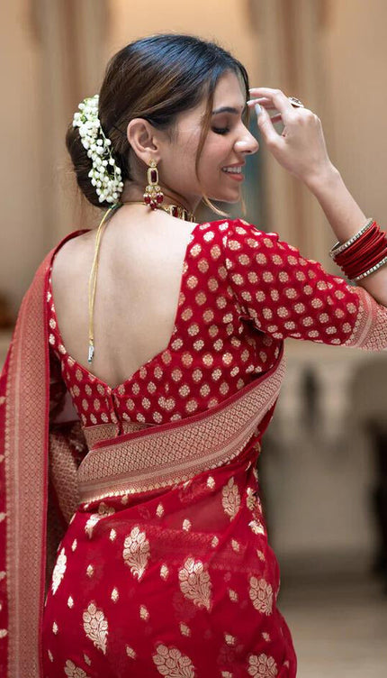 Scarlet Red Banarasi Soft Silk Saree