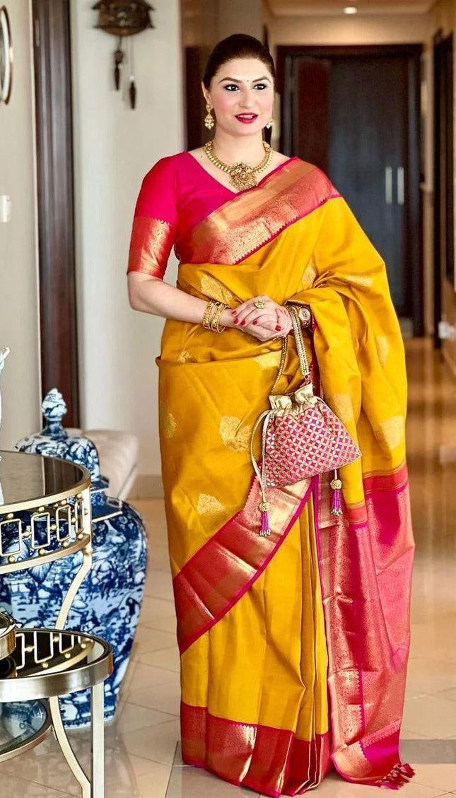 Raveena - Yellow Soft Banarasi Silk Saree with Jacquard Work and Rich Pink Blouse
