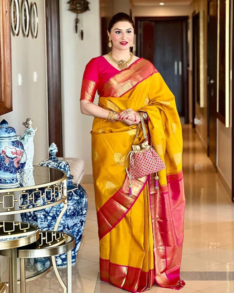 Raveena - Yellow Soft Banarasi Silk Saree with Jacquard Work and Rich Pink Blouse
