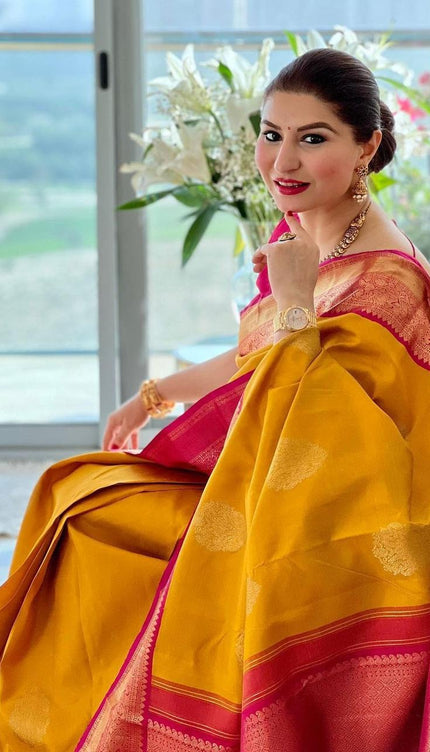 Raveena - Yellow Soft Banarasi Silk Saree with Jacquard Work and Rich Pink Blouse