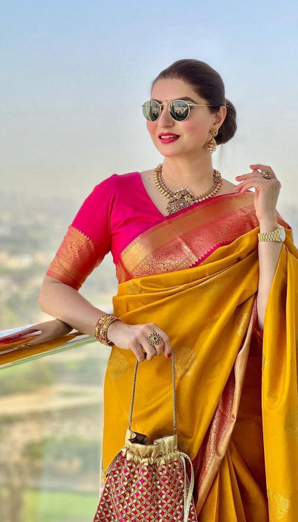 Raveena - Yellow Soft Banarasi Silk Saree with Jacquard Work and Rich Pink Blouse