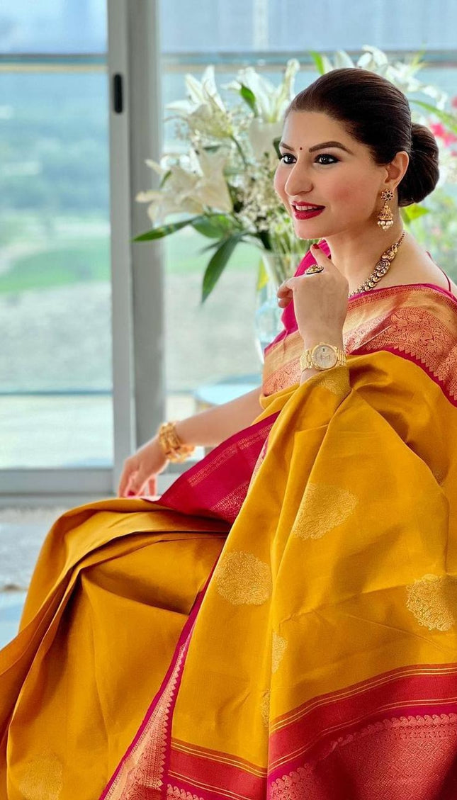 Raveena - Yellow Soft Banarasi Silk Saree with Jacquard Work and Rich Pink Blouse