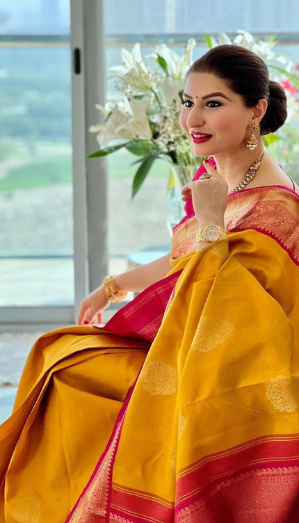 Raveena - Yellow Soft Banarasi Silk Saree with Jacquard Work and Rich Pink Blouse
