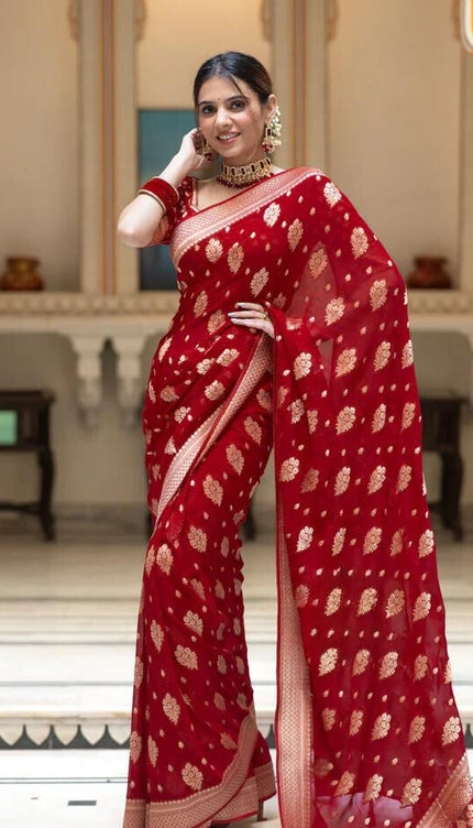 Scarlet Red Banarasi Soft Silk Saree