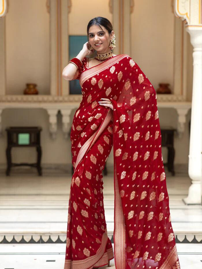 Scarlet Red Banarasi Soft Silk Saree