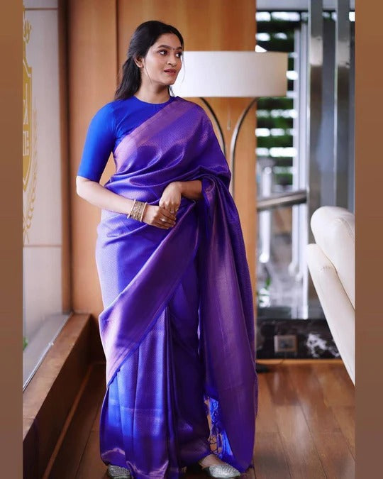 Bindu Taffy Blue Soft Banarasi Silk Saree With Blouse Attached
