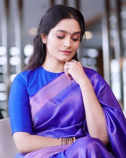 Bindu Taffy Blue Soft Banarasi Silk Saree With Blouse Attached