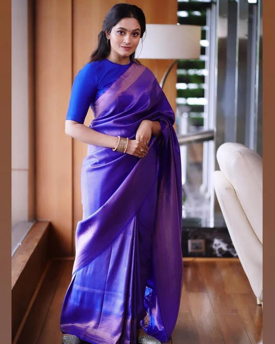 Bindu Taffy Blue Soft Banarasi Silk Saree With Blouse Attached