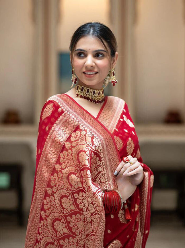 Scarlet Red Banarasi Soft Silk Saree
