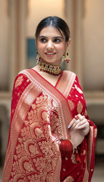 Scarlet Red Banarasi Soft Silk Saree