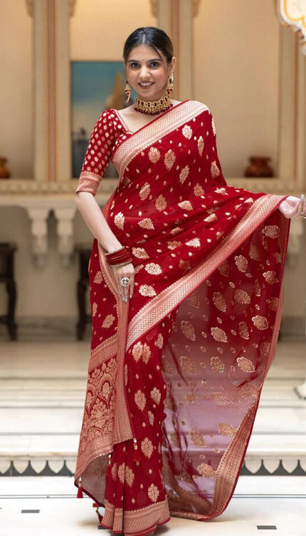 Scarlet Red Banarasi Soft Silk Saree