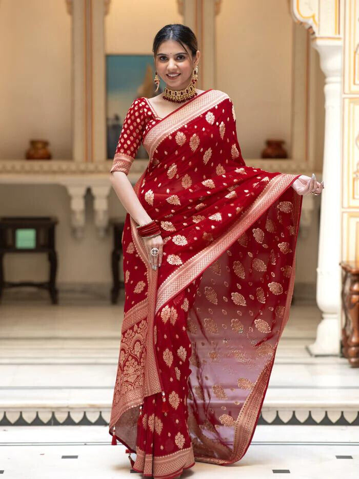 Scarlet Red Banarasi Soft Silk Saree