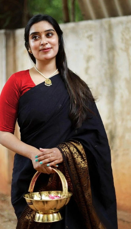 Charvika - Black Soft Silk Saree with Antique Gold Border and White Blouse