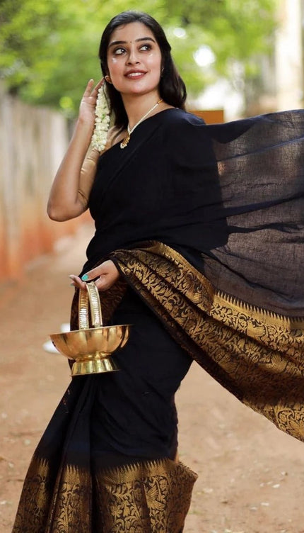 Charvika - Black Soft Silk Saree with Antique Gold Border and White Blouse