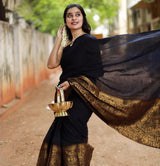 Charvika - Black Soft Silk Saree with Antique Gold Border and White Blouse