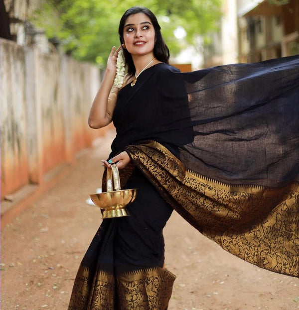 Charvika - Black Soft Silk Saree with Antique Gold Border and White Blouse