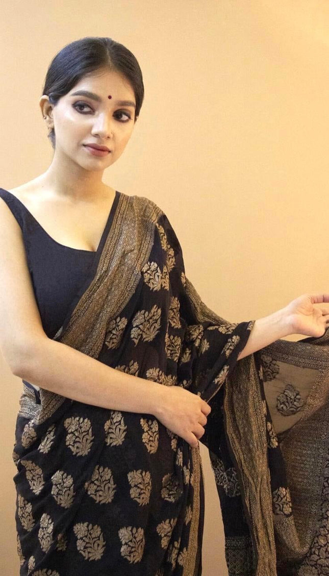 Yamika - Black Soft Silk Saree with Antique Gold Floral Weave