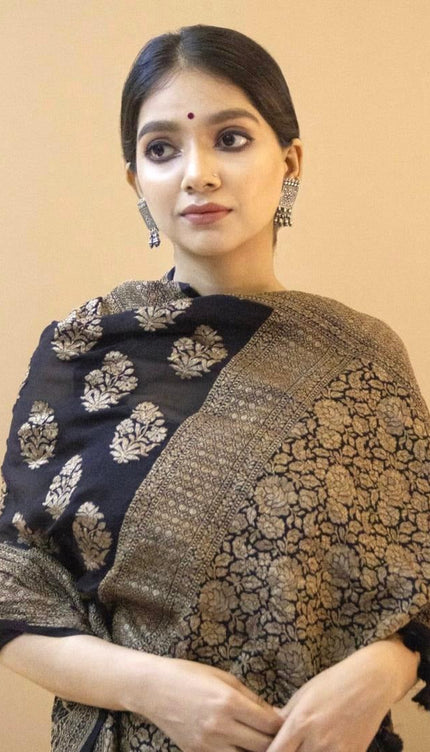 Yamika - Black Soft Silk Saree with Antique Gold Floral Weave