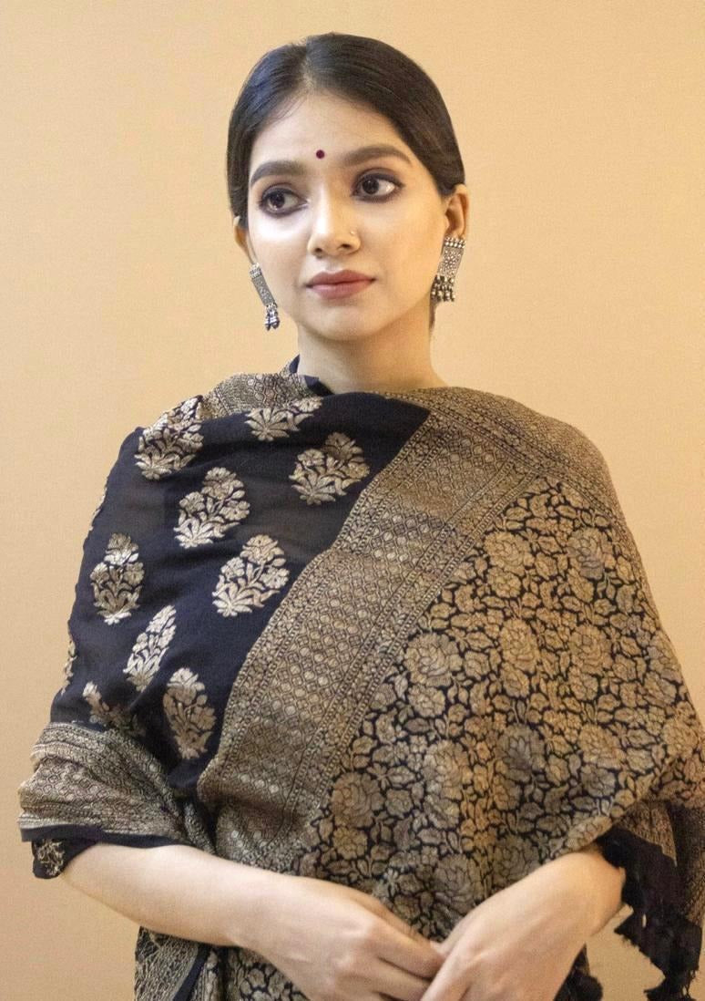 Yamika - Black Soft Silk Saree with Antique Gold Floral Weave